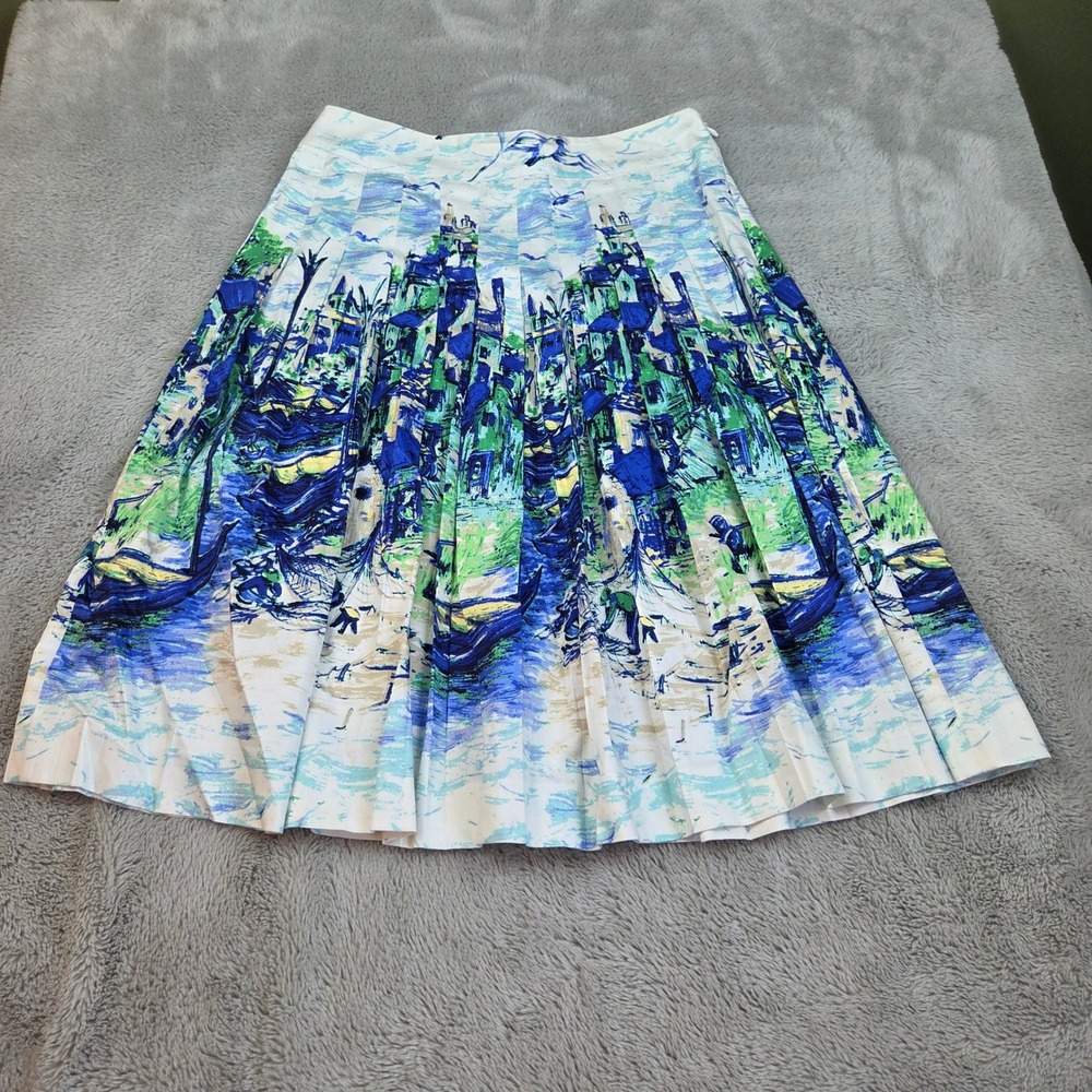 Talbots Pleated A-Line Skirt Womens Sz 2 Scenic Impressionist Print Blue Green